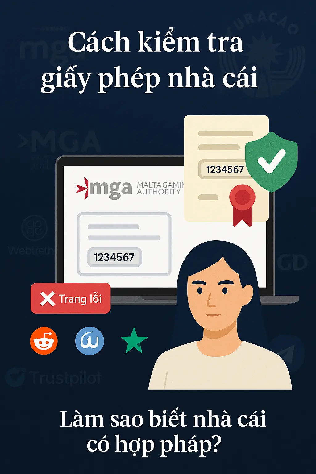 Hướng dẫn kiểm tra tính pháp lý nhà cái uy tín bằng cách tra cứu giấy phép MGA, Curacao và đánh giá cộng đồng từ Reddit, Trustpilot. 