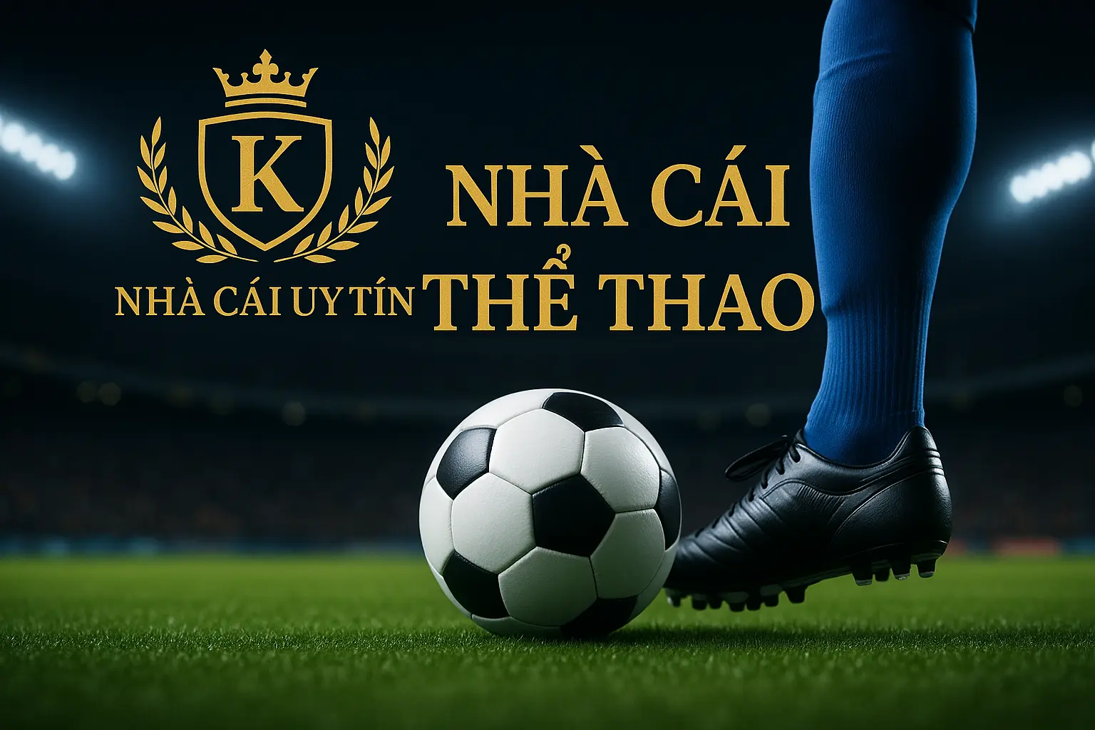 Top Nhà Cái Thể Thao Uy Tín 2025 – Cá Cược An Toàn, Tỷ Lệ Hấp Dẫn 3 Hình ảnh sân bóng đá với cầu thủ đang sút bóng và logo nhà cái uy tín